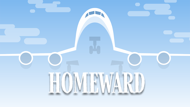 An illustrated plane in the sky with the word Homeward below it