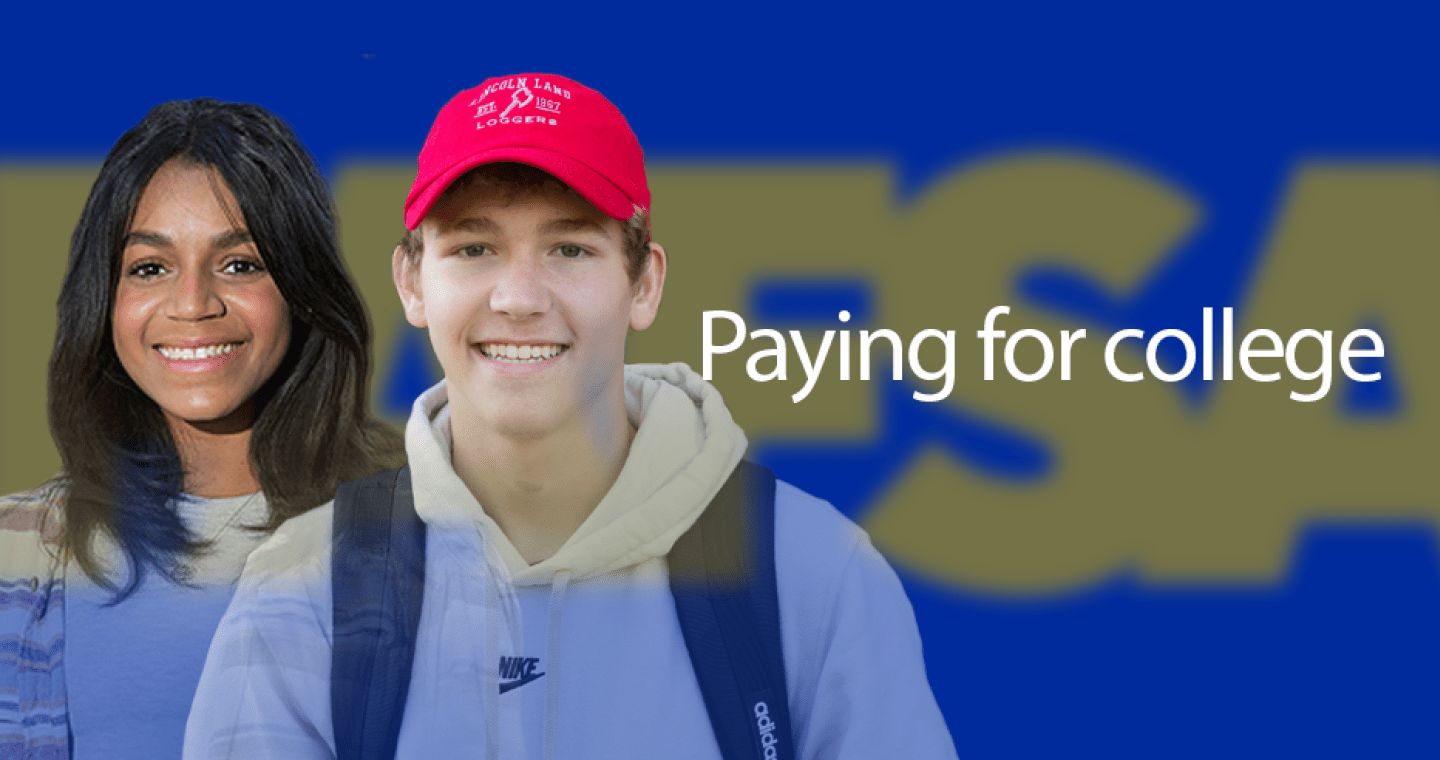Two students next to the words "paying for college."